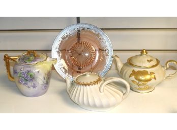 Lot Of 3 Antique Teapots & Pink Glass Plate With Silver Overlay
