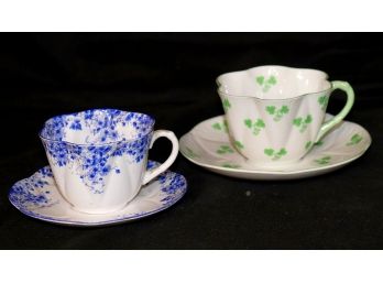 Two Shelley England Teacups & Saucers- Dainty Blue & Shamrock