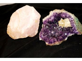 Natural Geode With Amethyst Crystals & Large Light Rose Quartz Crystal