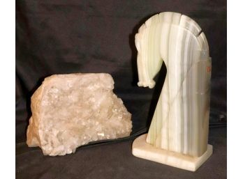 Large Natural Geode With Clear Quartz Crystals & Large Alabaster Horse