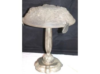 Gorgeous Frosted Glass Lamp Featuring Birds On Art Deco Metal Base.