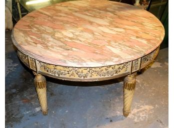 Lovely Antique Style Coffee Table With Pink Veined Marble & Decorative Base