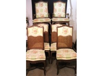 Set Of 6 Country French Chairs With Carved Wood Frames & Floral Upholstery