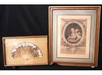 Romantic French Print With Beautiful Woman & Cherub And Decorative Hand Painted Fan