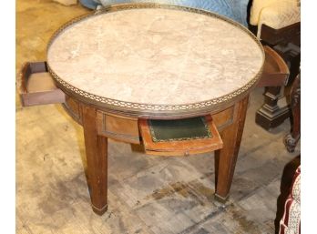 Elegant Round Marble Top Coffee Table With Leather Top Pull Out Shelf