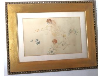 Signed Victorian Watercolor Painting Of Cherubs In Gold Frame With Beaded Design