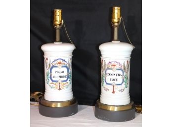 Pair Of Hand Painted Porcelain Apothecary Jars As Lamps