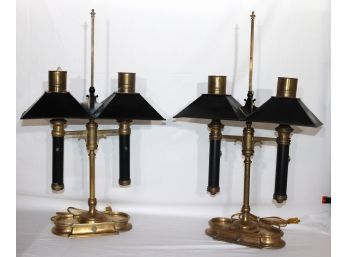 Pair Of Vintage English Brass & Tole Desk Lamps With Chimney Style Shades