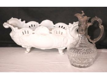 Large Limoges Louis XV Style Porcelain Centerpiece & Victorian Crystal Pitcher