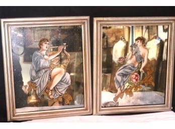 Pair Of Mirrors With Reverse Painted Classical Figures