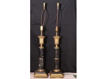 Pair Neoclassical Marble Candlestick Lamps With Gold Highlights