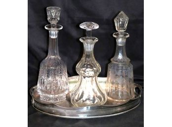 Trio Of Etched Crystal & Glass Decanters In Unusual Shapes & Engraved Silver-Plated Tray