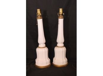Pair Of Tall Fluted Milk Glass Lamps In Victorian Style