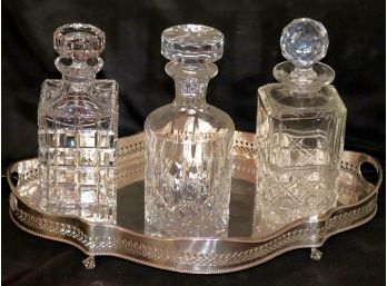 Lot Of 3 Etched Crystal & Glass Decanters & Georgian Style Silver Plated Tray