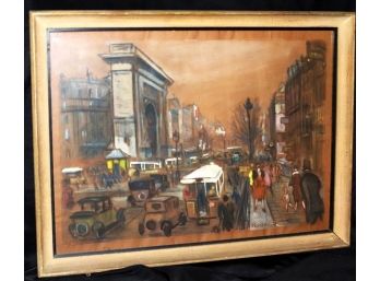 Very Cool Pastel Drawing Of French Street Scene Signed Proteau
