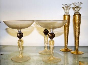 Lot Of 3 Delicate Murano Champagne Coupes With Gold Flecks & Candlesticks