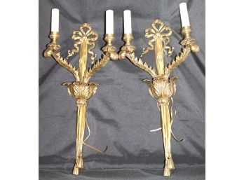 Pair Double Arm French Style Brass Wall Sconces With Ribbon Decoration