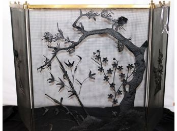 Highly Decorative Brass & Iron Fireplace Screen With Asian Tree Pattern
