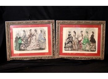 Pair Of Vintage 19th C Style Dress Prints In Silvered Frames