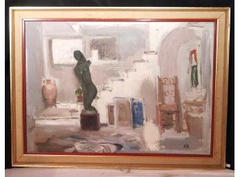 Signed Post Modern Painting Of Interior Of Artist Studio