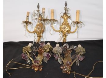 Lot Of 4 Antique Brass Sconces With Crystals & Grape Style Crystals