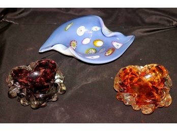Lot Of 3 Colorful Murano Art Glass Bowls One Is With Millefiori Design