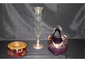 Collection Of Colorful Vintage Glass Pieces With Etched Glass Vase In Sterling Base
