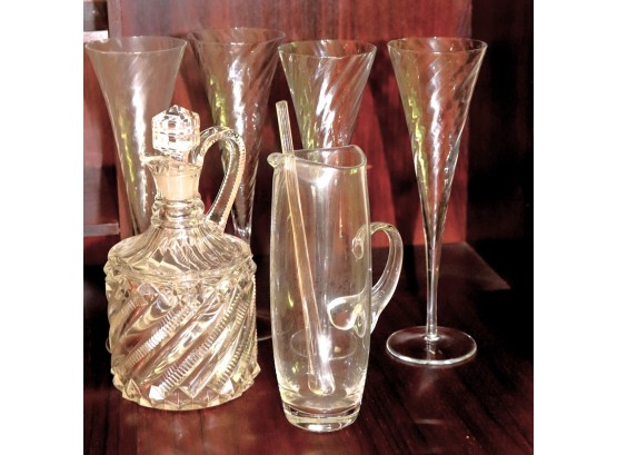 Collection Of Assorted Barware Includes 4 Tall Champagne Flutes Made In Romania & Blown Swirl Glass Decant