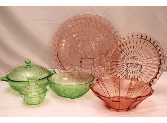 Vintage Pink & Green Depression Glass Includes A Covered Dish & Large Platter