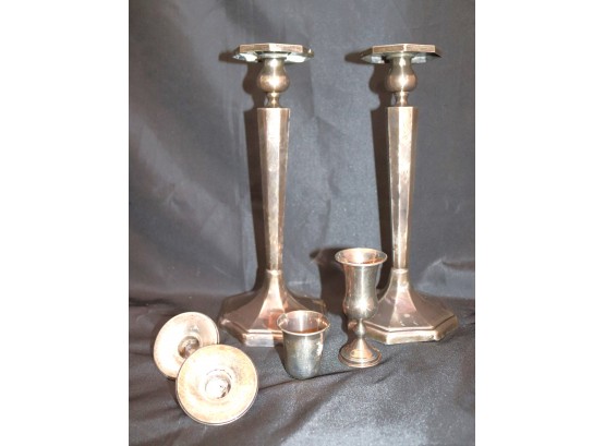Pair Of Engraved Sterling Silver Candlesticks & Kiddush Cup, Includes A Small Cordial Cup & Sterling Candle In