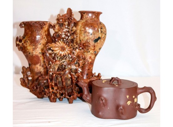 Carved Asian Soapstone Sculpture With Amazing Detailing Throughout Includes A Ceramic Asian Teapot With Hal