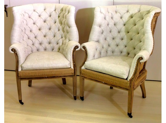 Pair Of Restoration Hardware Curved/Tufted Linen Accent Chairs- Nail Head Accents, Burlap Like Upholstery