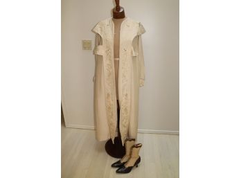 Vintage Dress Form, Asian Kimono Robe Stitched Dragon Detail & Antique 1940s Womens Boots As Pictured