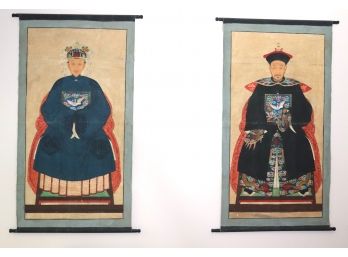 Pair Of Antique Chinese Classical Hand Painted Scroll Paintings Emperor & Empress On Cloth Canvas