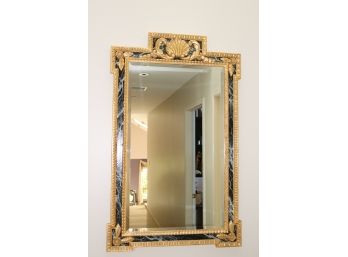 Luxurious Wall Mirror With A Beveled Edge & Shell Crown In A Rustic Gilded Finish & Border Painted To Look Lik
