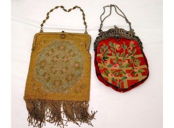 Vintage Petty Point Bag With Rose Branch Design & Vintage 1900s Hand Beaded Evening Bag