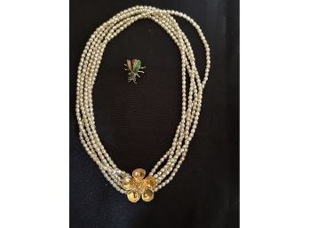 FABERGE INSPIRED 17' CZECH CRYSTAL AND GOLD PLATED BUTTERCUP NECKLACE AND ENAMELED BEE PIN