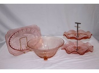 Collection Of Vintage Pink Depression Glass Includes A 2-Tier Candy Dish, Footed Bowl & Serving Dish