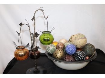 Decorative Centerpiece Bowl With Assorted Decor, Includes A Metal Candle Holder With Colored Glass Hanging Bas