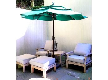 Three Birds Casual Teak Wood Arm Chairs With Footrest & Side Table, Includes Sunbrella Cushions & Umbrella