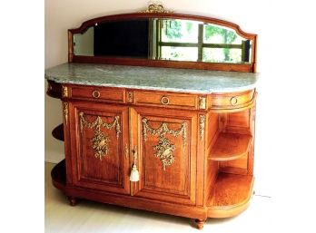 Great Storage With This Fabulous Mirrored Bar/Server With A Marble Top, Brass Hardware,Tongue & Groove Woo