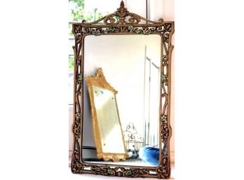 Vintage Ornate Metal Mirror With A Floral Design Along The Border, Approx 17.5 Inches X 30 Inches