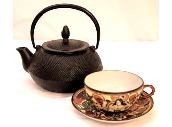 Vintage Asian Style Cast Metal Teapot With Markings On The Bottom & Hand Painted Cup & Saucer Set