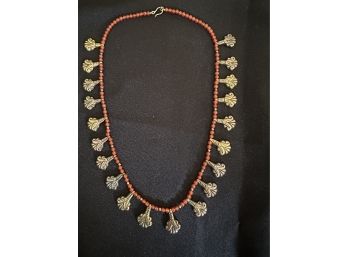 EGYPTIAN STYLE 16' STERLIG SILVER PALMETTE NECKLACE WITH HAND STRUNG CARNELIAN BEADS