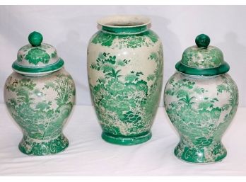 Set Of Green & White Chinese Urns & Lids With Pretty Floral Landscape Scenes Throughout