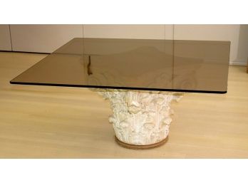Smoke Glass Coffee Table On A Very Ornate Carved Resin Base