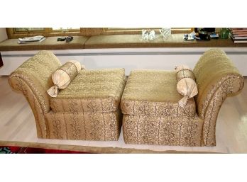 Unique Pair Of Vintage Custom Upholstered Chairs That Can Combine For Bench Seating With Accent Pillows