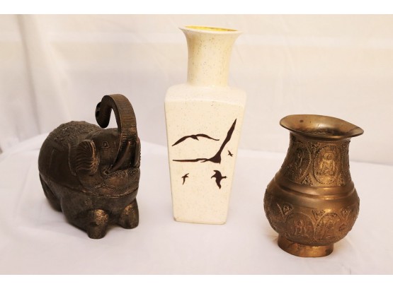 Lot With Vintage Porcelain Vase, Brass Buddhist Vase & Metal Elephant Vase