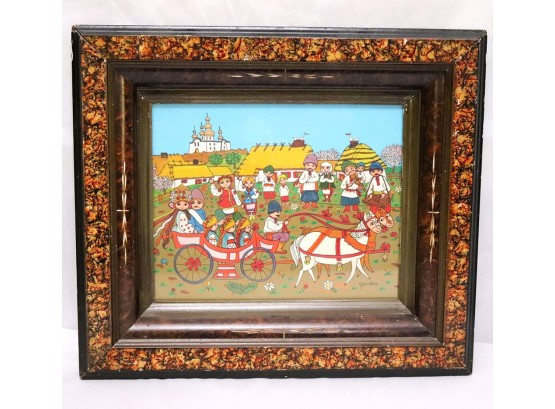Primitive Reverse Painting On Glass Of East European Villagers Signed Yaroslava