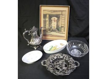 Mixed Lot With Royal Worcester Casserole, Silver Plated, Teapot & Drawing